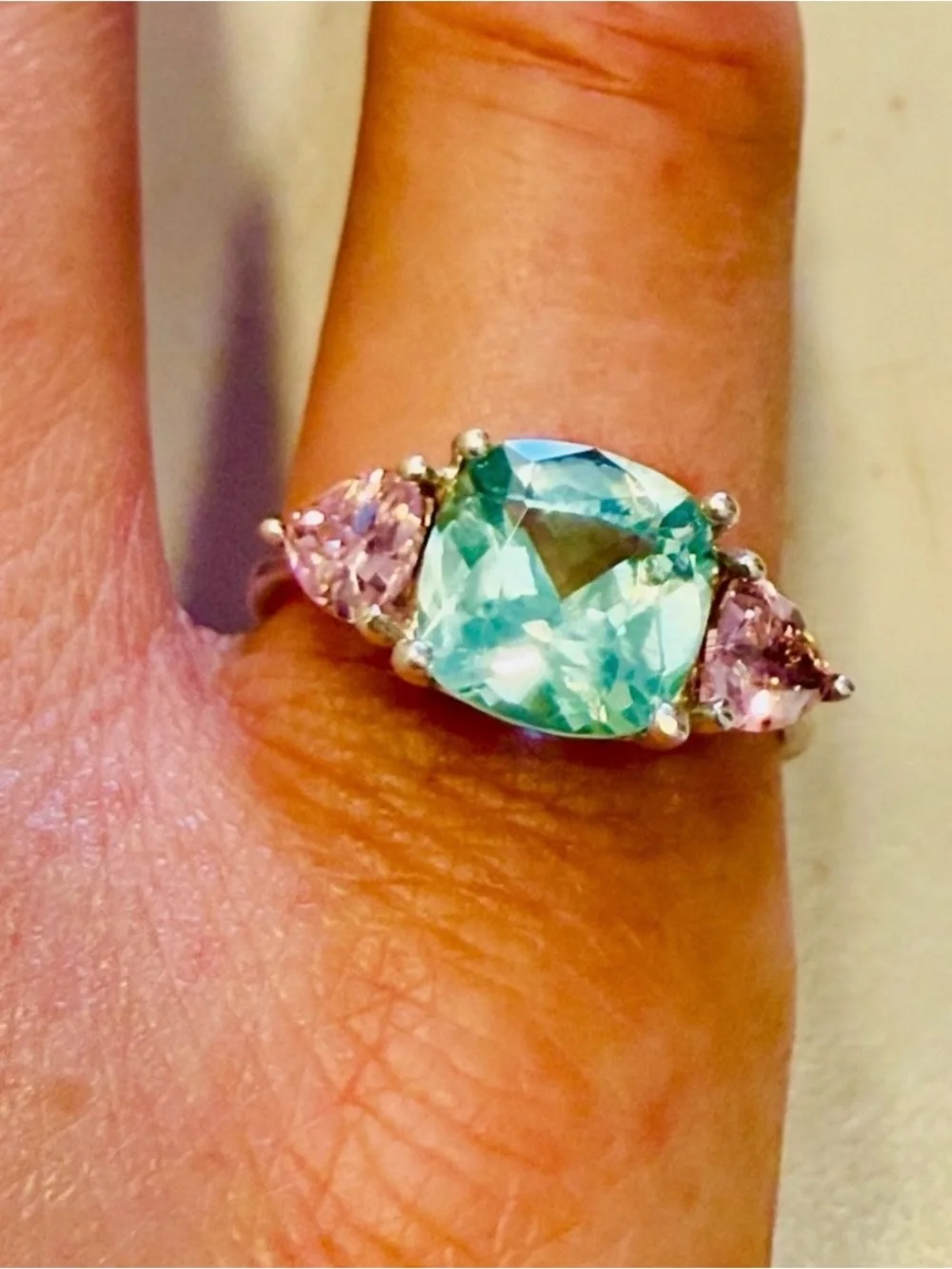 Vintage 80’s Avon Sterling Silver Uranium Green Spinel & Pink CZ Ring Sz8, 3.9g